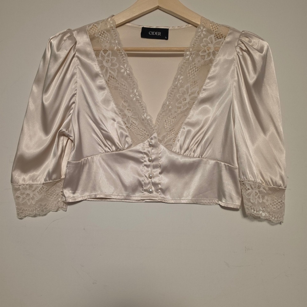 Cider Lace Trim Satin Button Front Puff Sleeve Crop Top Champagne Beige Large